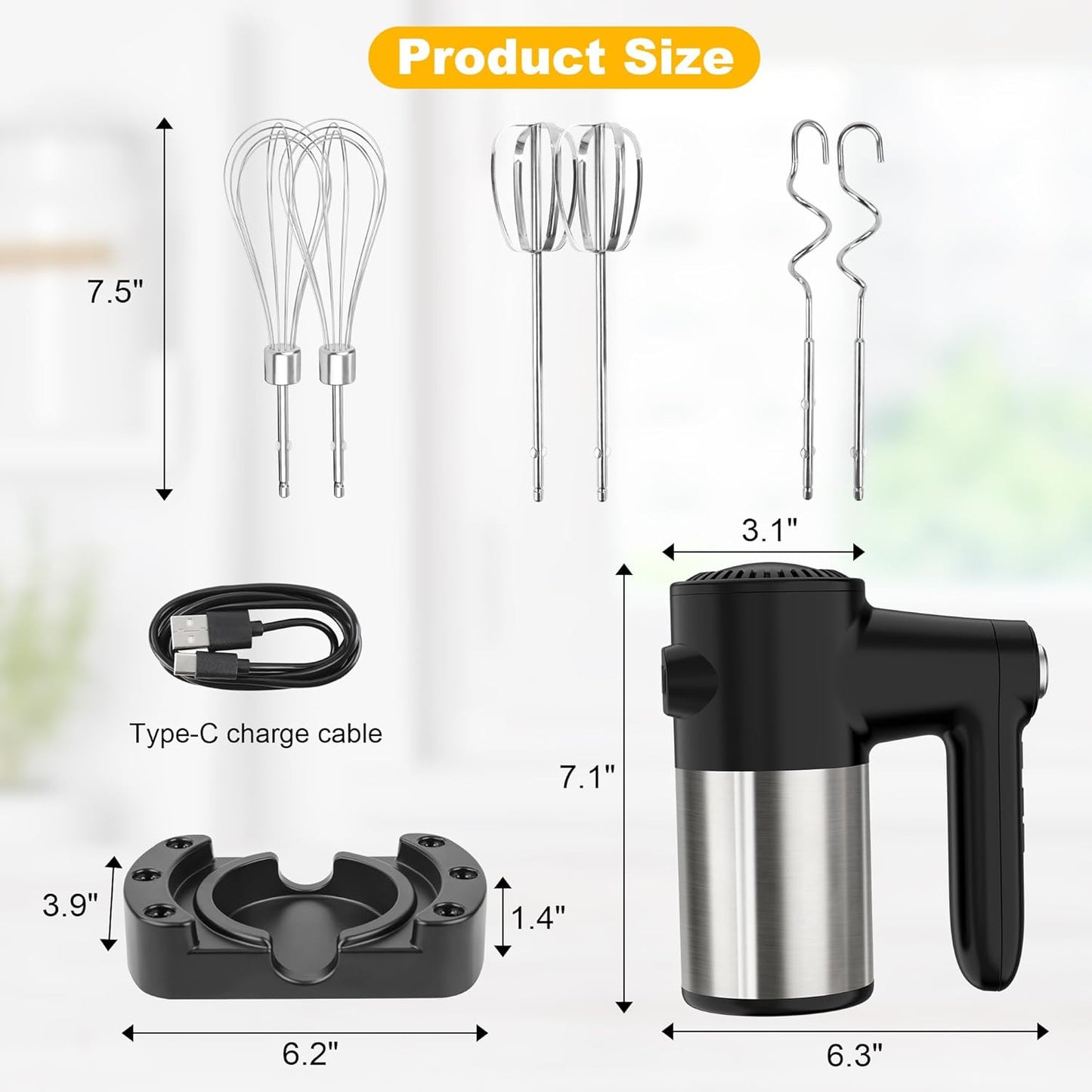 Skiennix Cordless Hand Mixer - 7 Speed Digital Display with 6 Stainless Steel Attachments | Ideal for Baking & Cooking
