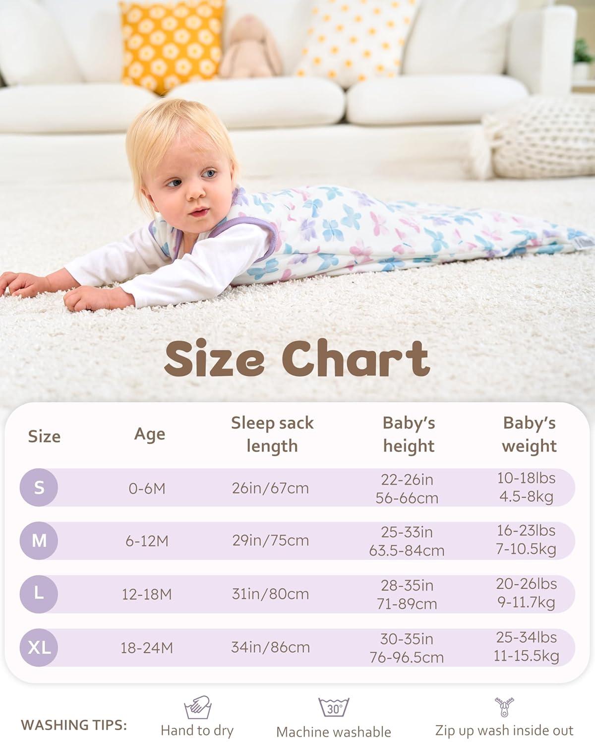Rayon Made from Bamboo Baby Sleep Sack | Soft 1.0 Tog Wearable Blanket for Infants 6-12 Months - Purple Butterfly (2 Pack)