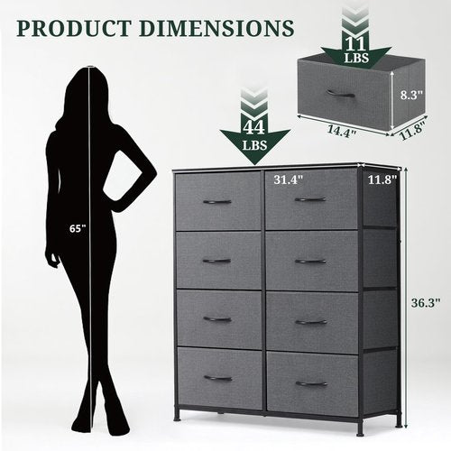 8-Drawer Dresser for Bedroom, Anti-Tip Tall Storage Organizer Chest of Drawers with Wooden Top and Metal Frame Fabric Bins for Closet, Living Room, Hallway, Entryway, Gray