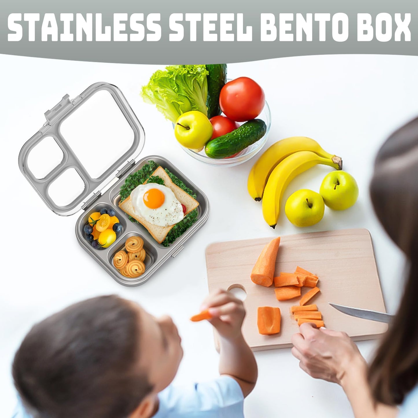 LOHASOK Kids Stainless Steel Bento Box with Silicone Lid Leak-proof Toddlers Lunch Container 3 Compartments Dishwasher Safe Grey
