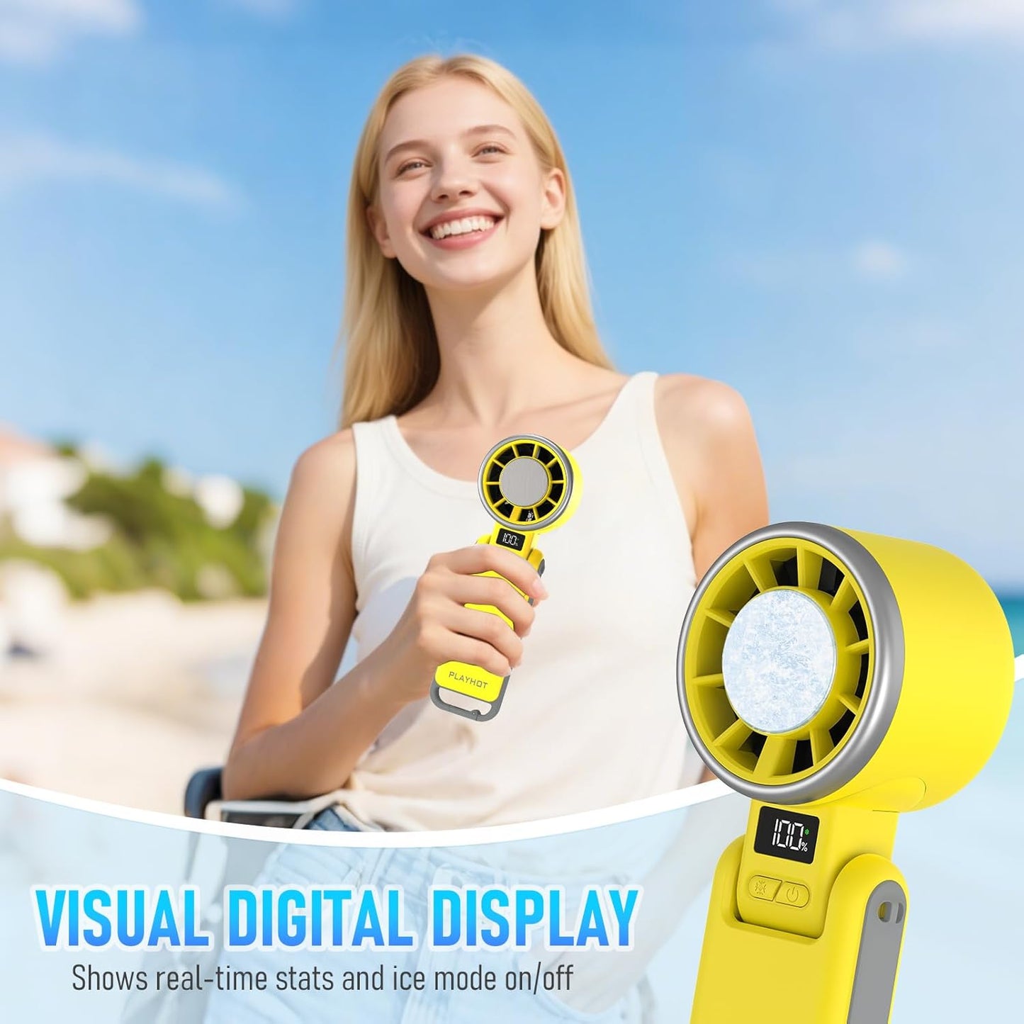 PlayHot Portable Handheld Turbo Fan - Rechargeable Ice Cooling Fan with 5 Speeds | Up to 12 Hours of Use (Yellow)