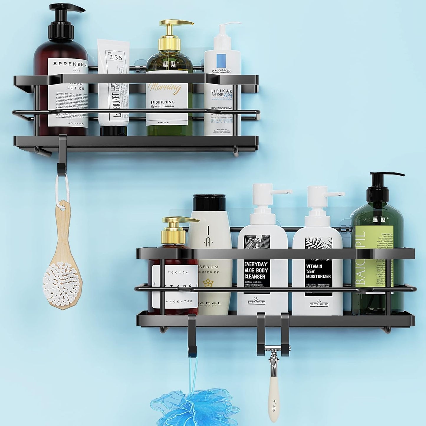 Moforoco Shower Caddy Organizer - 2 Pack Suction Cup Storage Rack for Bathroom Essentials | Matte Black