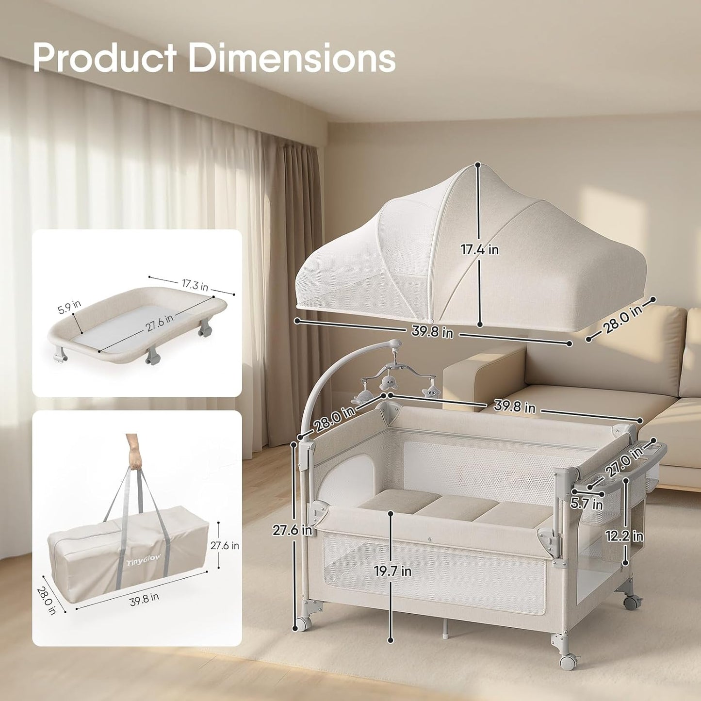 TinyGlow 4-in-1 Baby Bassinet - Portable Crib with Mattress, Diaper Changer & Mosquito Net