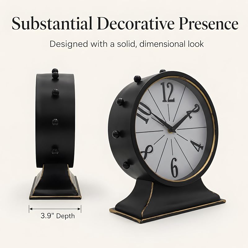 Large Vintage Mantel Clock - Black & Gold, Silent Metal Table Clock