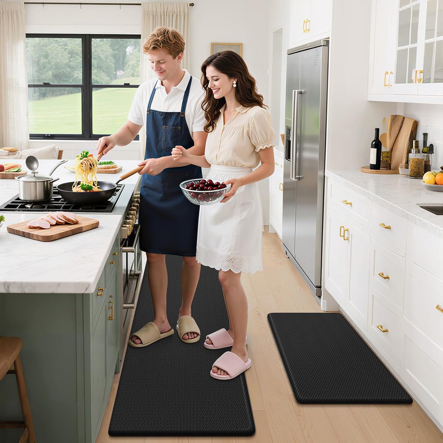 StepLively Kitchen Mats - Cushioned Anti-Fatigue Non-Slip Rugs Set | 2 PCS, 17.3"x30" & 17.3"x47", Black