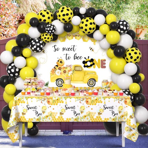 AIBIIN Bee 1st Birthday Party Supplies First Bee Day Decorations Tablecloth Set Bee Balloon Wreath Kit And Arch -1st Bee Birthday So Sweet To Bee One Banner Birthday Party For Boys Girls Photo Props