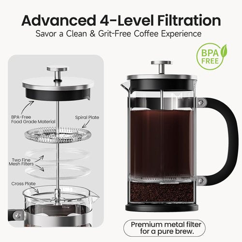 BAYKA French Press Coffee Maker - 34oz Cold Brew Iced Coffee Pot | Heat-Resistant Borosilicate Glass, Silver