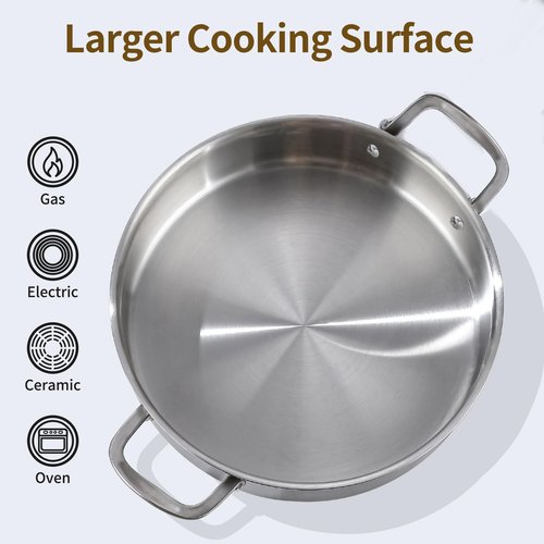 DELARLO Tri-Ply Stainless Steel 7 Quart Braiser Pan with Lid Induction Rondeau Pot With Lid 12inch Deep Frying Pan Large Saute Pan Heavy Duty Style Compatible With All Cooktops Up to 650℉