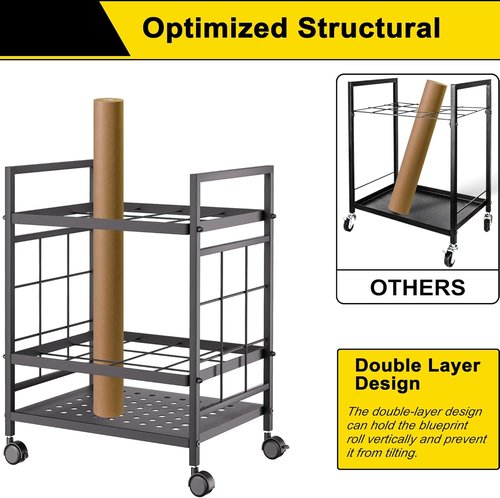 GIOTORENT Blueprint Storage Rack - Mobile Blueprint Holder with 12 Slots & Silent Wheels | Black