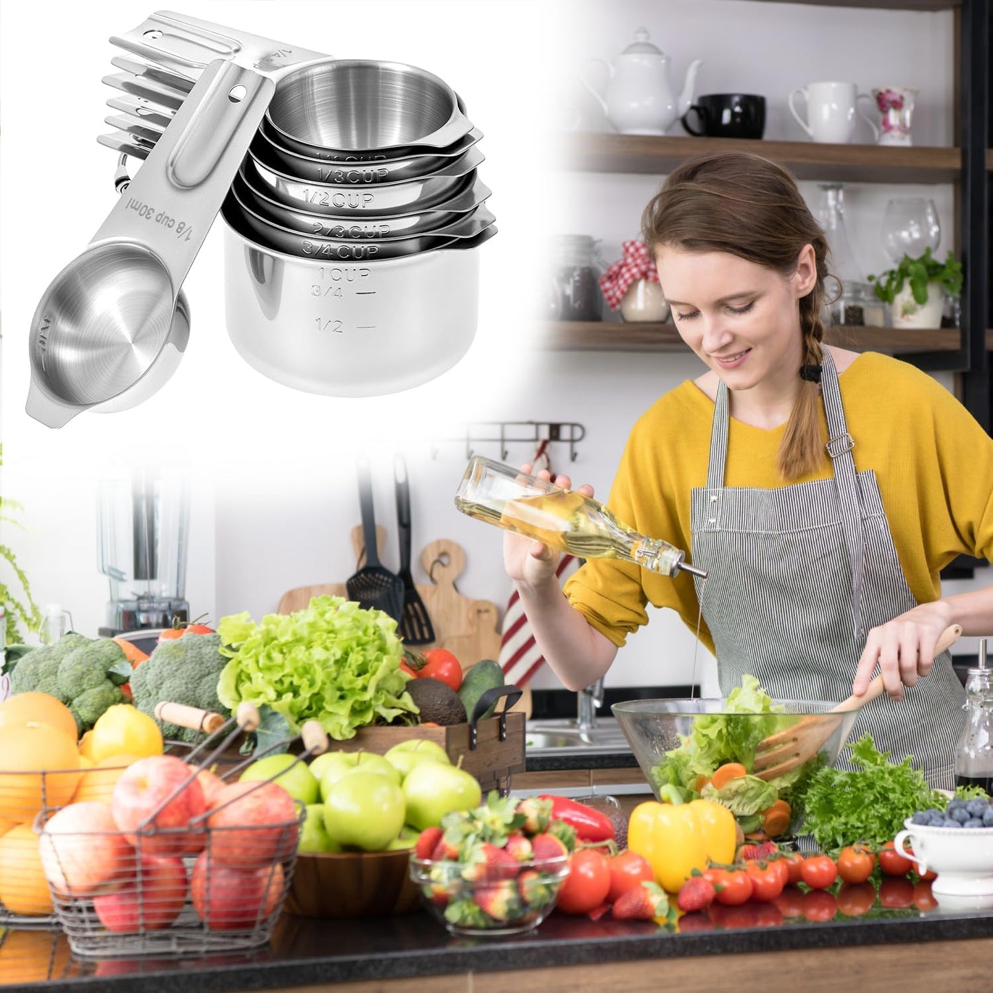 QWORK Stainless Steel Measuring Cups - Set of 7 Nesting Kitchen Tools for Cooking & Baking
