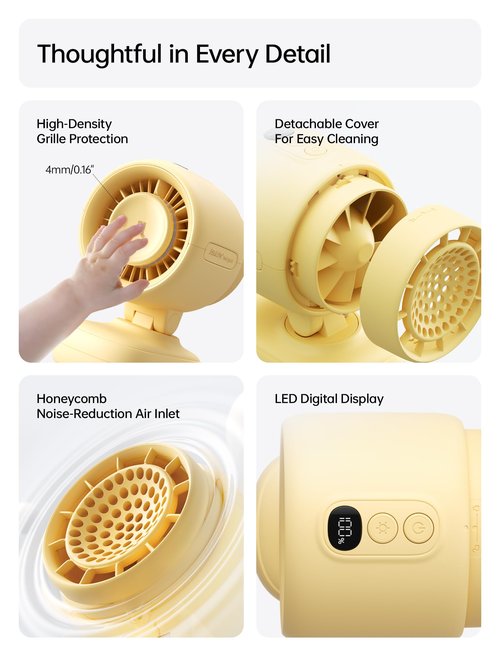 JISULIFE 2026 Stroller Fan – Small & Stylish with 38H Cooling, Soft Night Light, One‑Click Detachable for Stroller or Desk, Safe Baby Fan for Crib Car Seat Nursery Travel, Gifts for Baby Mom (Yellow)