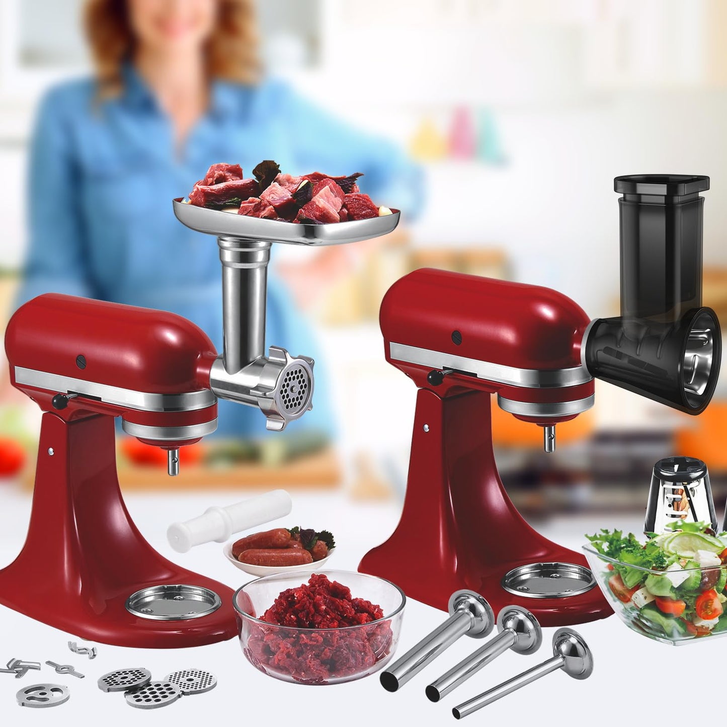 Meat Grinder&Slicer Shredder Attachments for KitchenAid Stand Mixer, Metal Food Grinder with Sausage Stuffer Tubes, Cheese Grater Attachment Salad Maker, Burger Press For KitchenAid Mixer Accessories