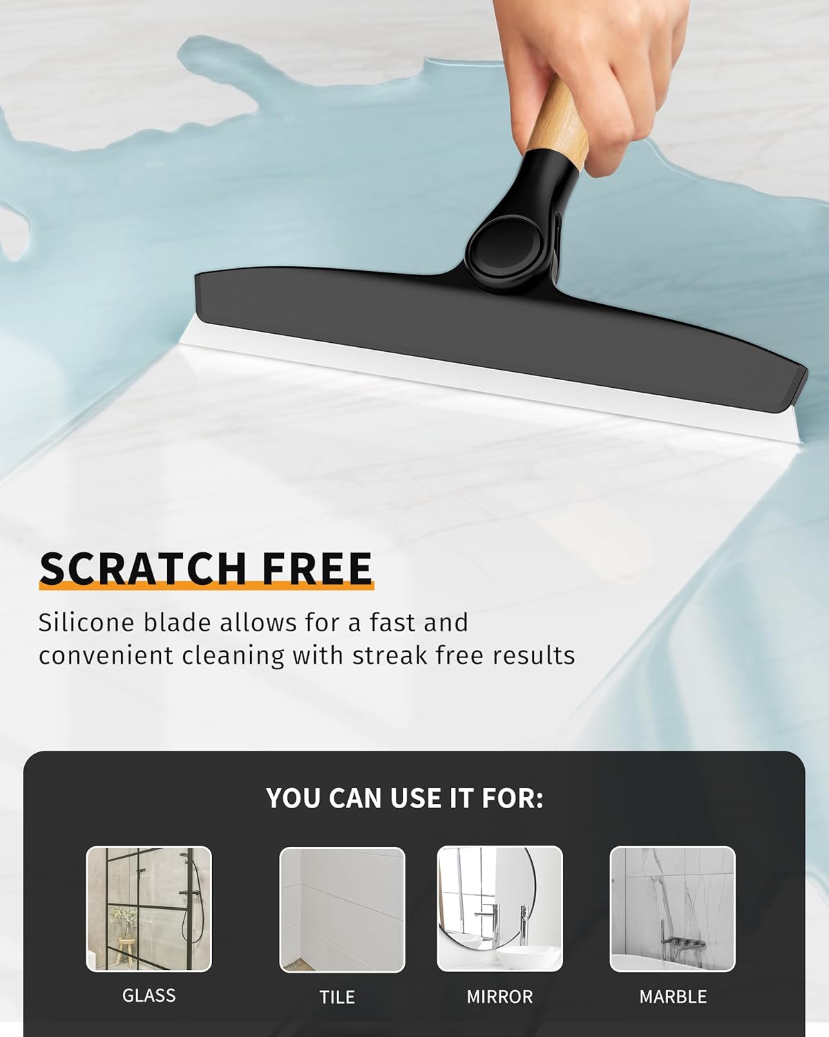MR.SIGA Silicone Shower Squeegee - Streak-Free Cleaning with Pivoting Bamboo Handle | 10-Inch Wide, Black