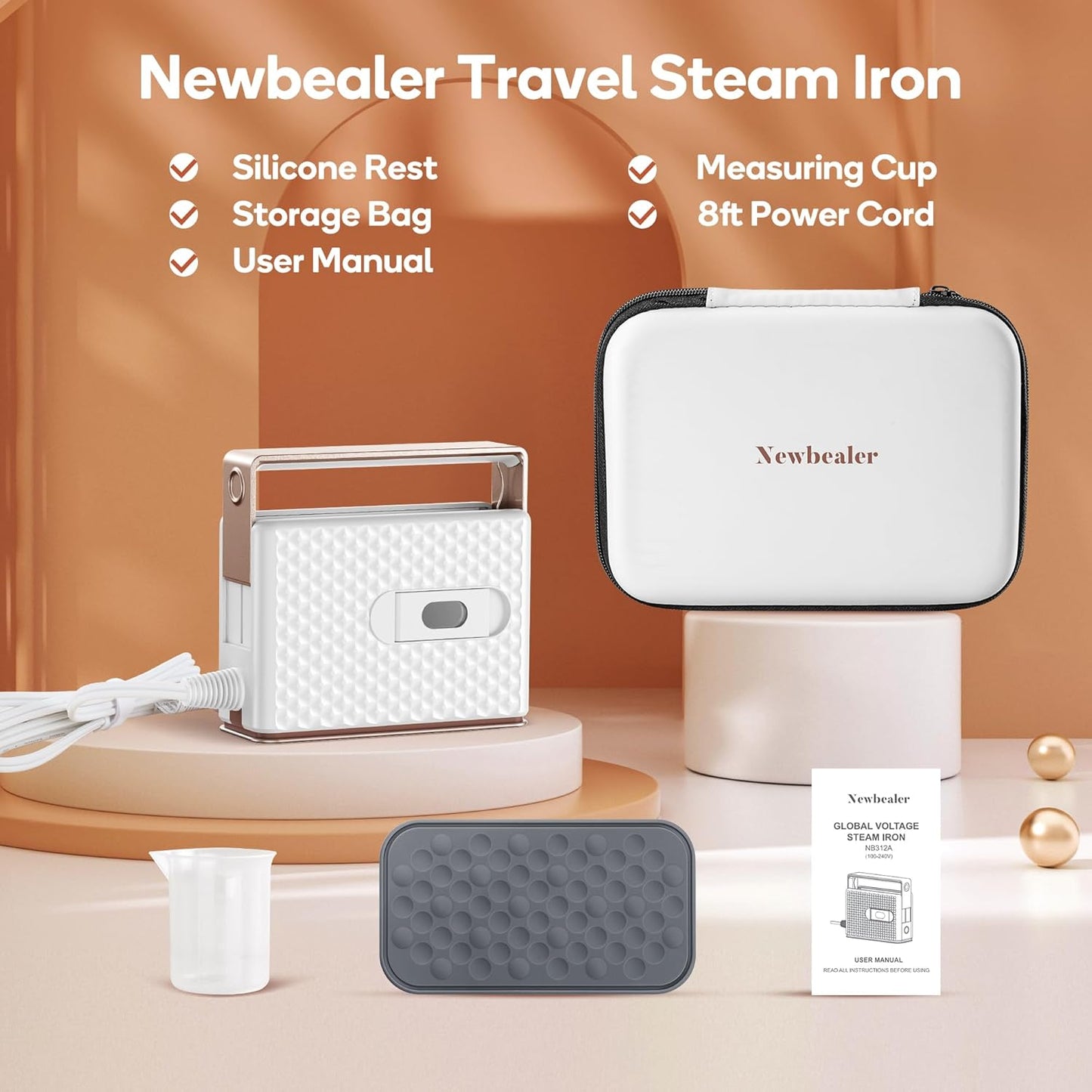 Newbealer Travel Steam Iron - Handheld Steamer with Non-Stick Ceramic Soleplate | Global Voltage 100-240V