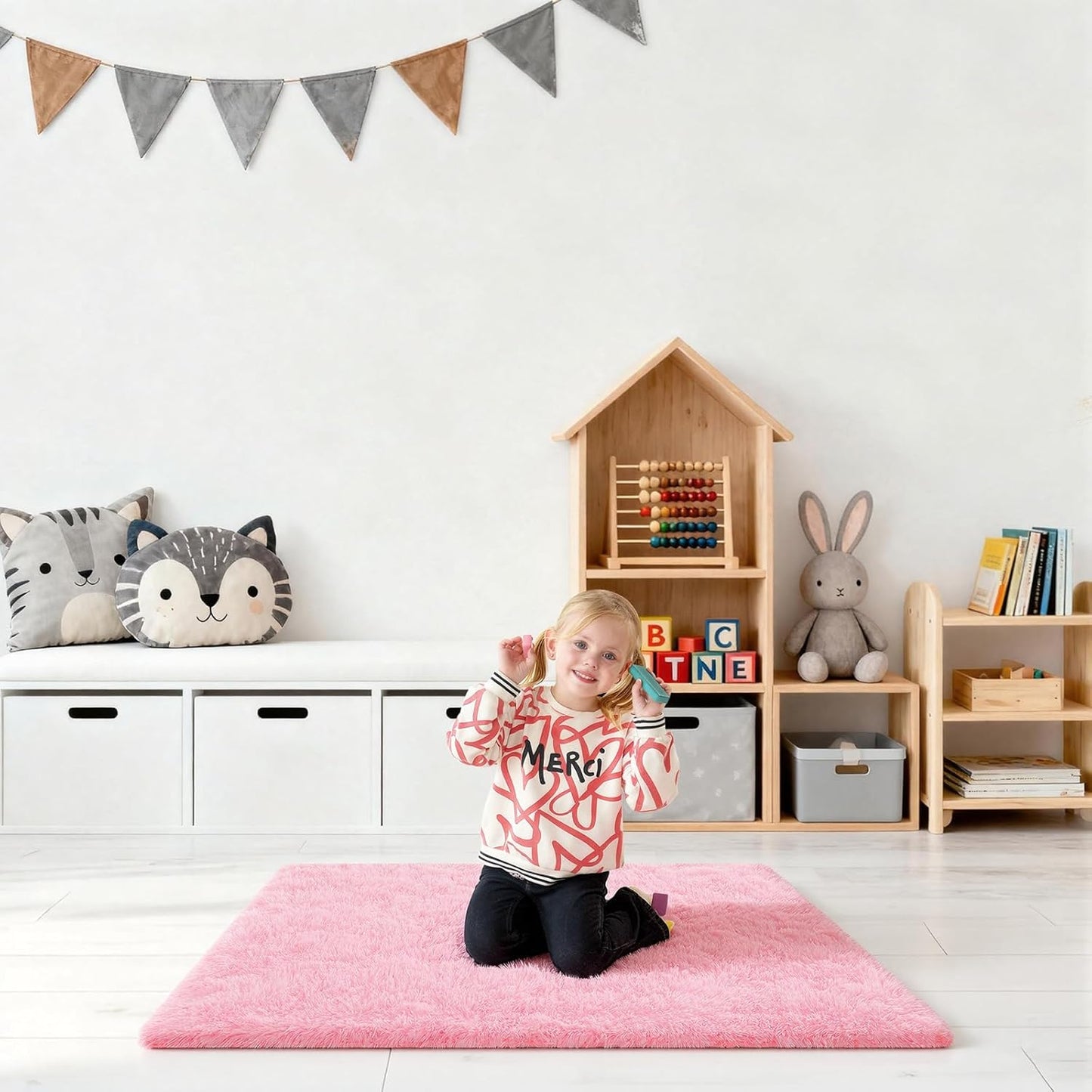 Skiennix Pink Area Rug - Fluffy 2x3 Soft Shag Carpet with Non-Slip Strips for Kids' Rooms