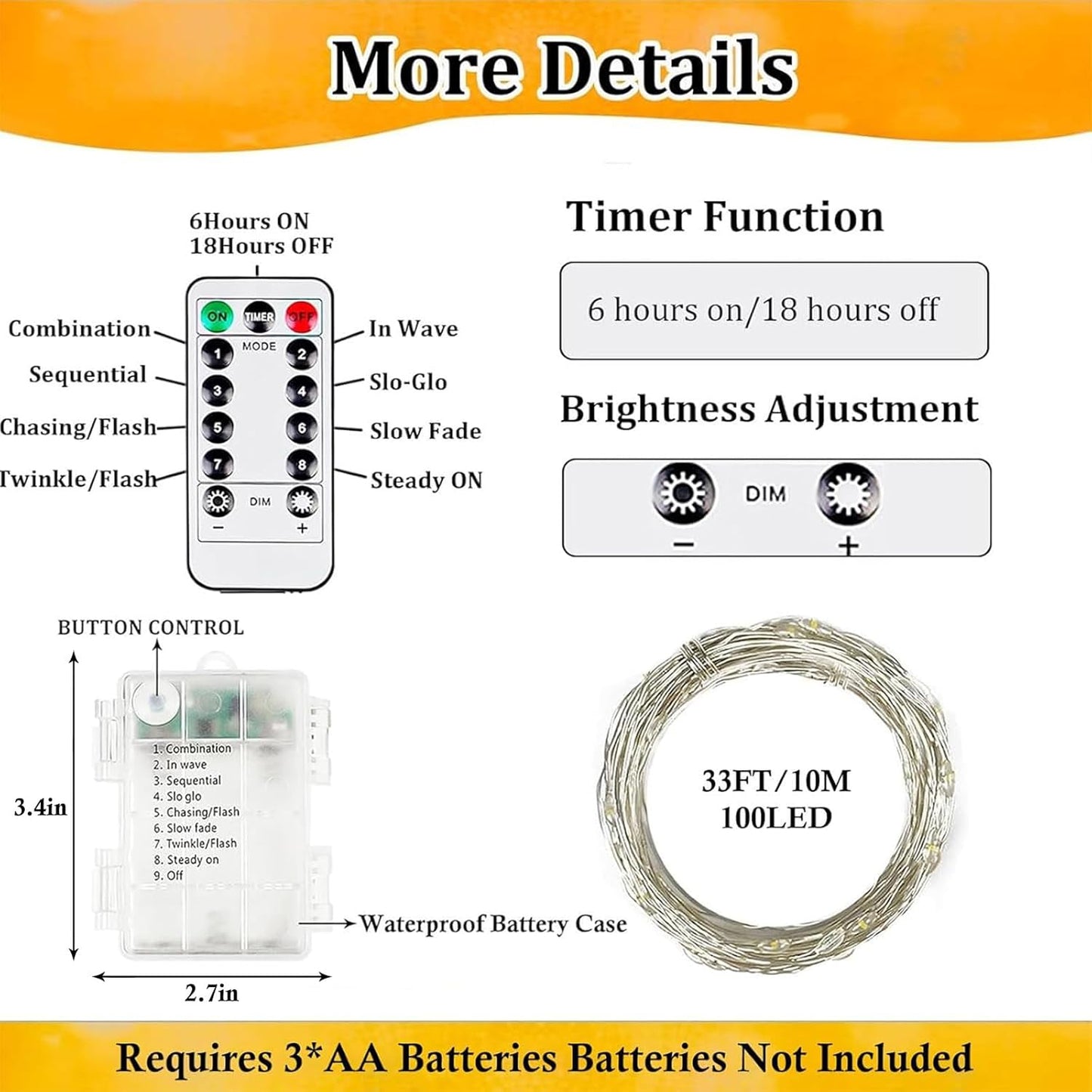 Skiennix 33FT 100 LED Fairy Lights - Waterproof Battery Operated String Lights with Remote & Timer | Warm White