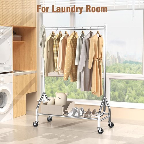 EAGMAK Heavy Duty Clothes Rack - 420 LBS Capacity | Rolling Garment Rack with Lockable Wheels & Shelves (Silver)