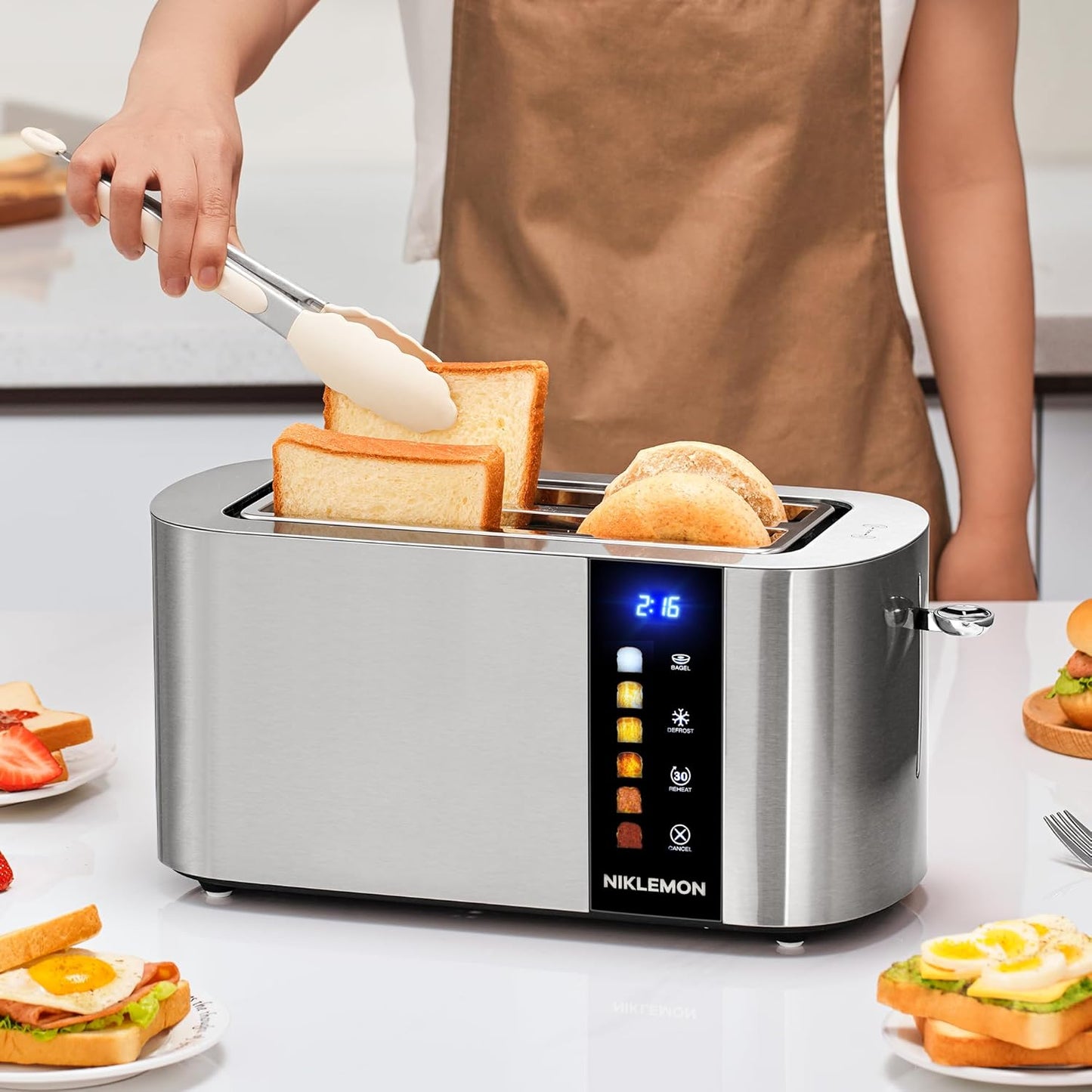 NIKLEMON 4-Slice Stainless Steel Toaster - LED Display, Touch Buttons, Extra Wide Slots, 1300W
