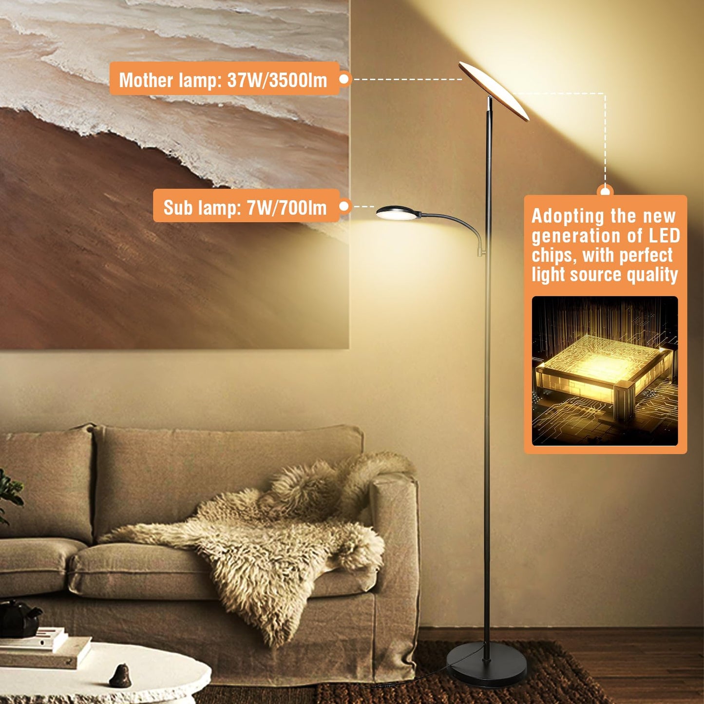 marctronic Floor Lamps for Living Room, 44W/4500LM Super Bright 2 in 1 LED Floor Lamp with Remote, Stepless Dimmable, 69" Tall Standing Floor Lamp with Bendable Reading Light for Bedroom Office