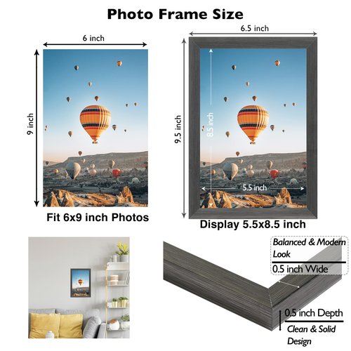 JCJMY 6x9 Picture Frame Silver Gray for Wall Hanging or Tabletop, Wall Mounting Horizontally or Vertically, 6 x 9 Wall Gallery Poster Photo Frame with Shatter Resistant Plexiglass, Silver Gray