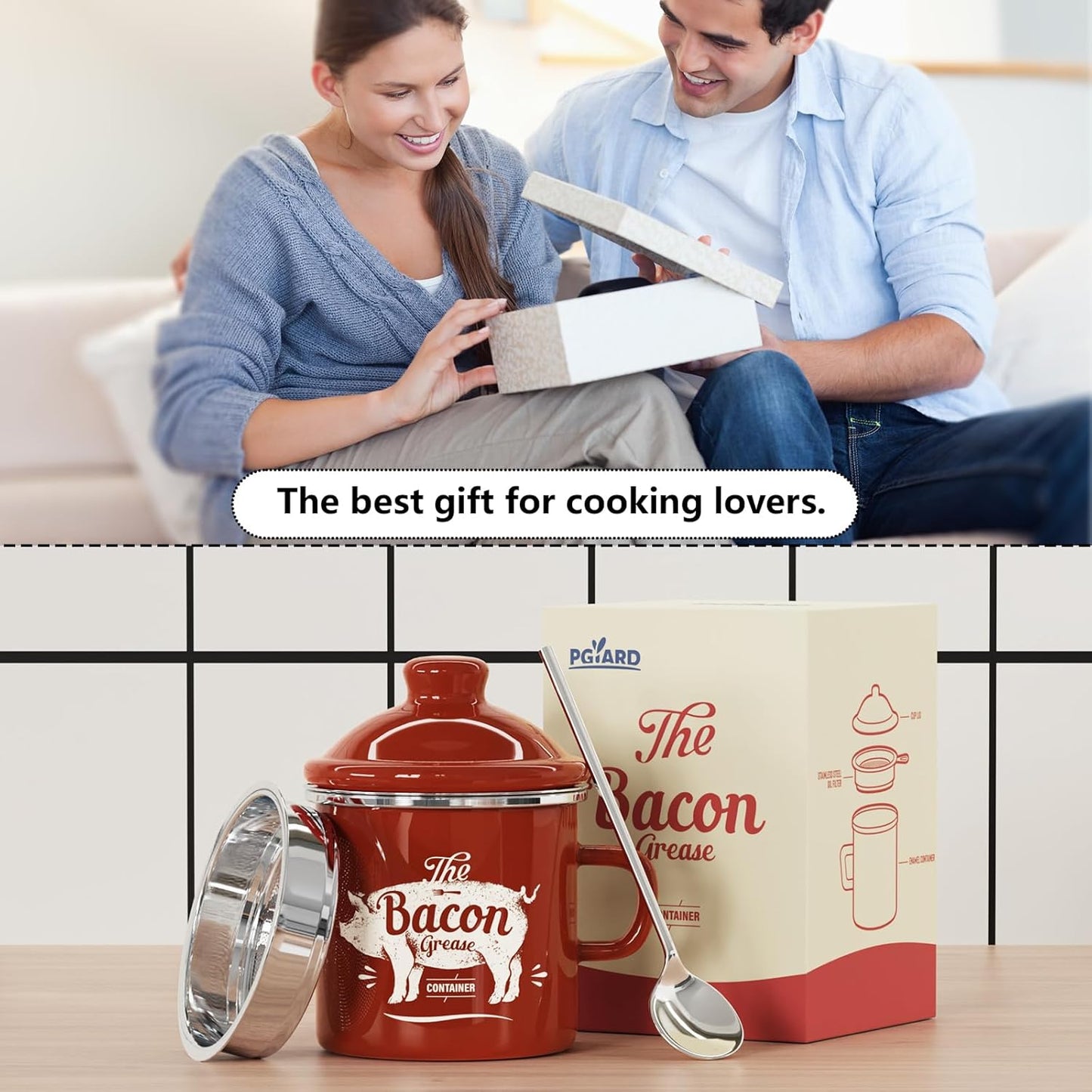 PGYARD Mini Bacon Grease Container - 15oz Enamel Strainer for Kitchen Fat Storage | Dishwasher Safe - Red