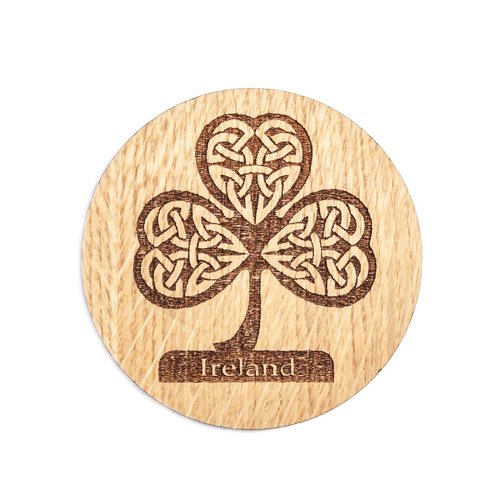Biddy Murphy Irish Gifts, Oak Drink Coasters Set of 4 with Stand, Etched Designs Include Shamrock, Harp, Celtic Cross, Ireland, Imported, 3.75" Inch Round