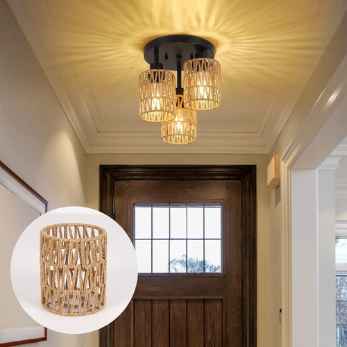 4 Pack Rattan Lamp Shade, Small Boho Lamp Shades Replacement, 5.9in Height, 5in Diameter, 1.53in Fitter, Cylinder Woven Lampshade for Floor Lamps, Pendant Light, Chandelier, Wall Sconces Light Fixture