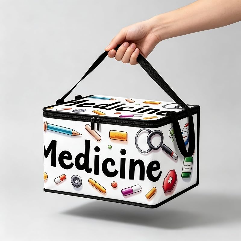 Medicine Print Storage Bin with Lid and Handles, 25x35cm - White, for Pills & Small First Aid Supplies
