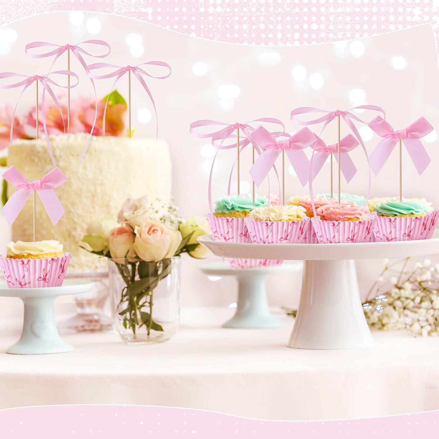 Regine Switzerland Pink Bow Cupcake Liners Set - 50 Cupcake Liners & 31 Bowknot Ribbons | Perfect for Parties & Celebrations