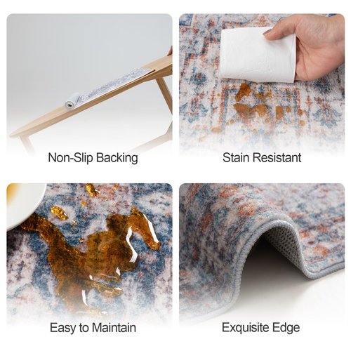 2x8 Hallway Washable Runner Rug : Vintage Soft Kitchen Bathroom Laundry Runner Non Slip Backing Farmhouse Entryway Floor Mat Stain Resistant Carpet for Bedroom Living Room Distressd Beside Rug(Blue)