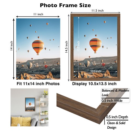JCJMY 11x14 Picture Frame Brown for Wall Hanging, Wall Mounting Horizontally or Vertically, 11 x 14 Wall Gallery Poster Photo Frame with Shatter Resistant Plexiglass, Brown
