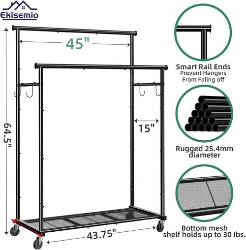 Ekisemio Heavy-Duty Double Rods Clothes Rack - 400 LBS Capacity, 45 Inch Rolling Design, Black