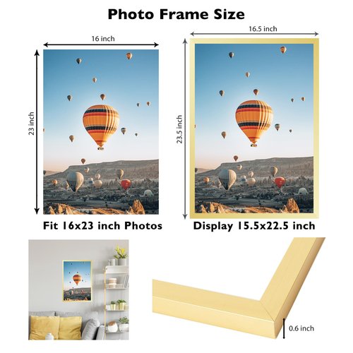 JCJMY 16x23 Picture Frame Gold for Poster Photo Picture, Horizontal and Vertical Formats for Wall Hanging, 16 x 23 Wall Gallery Poster Photo Frame for 16 by 23 Photos Posters, Gold
