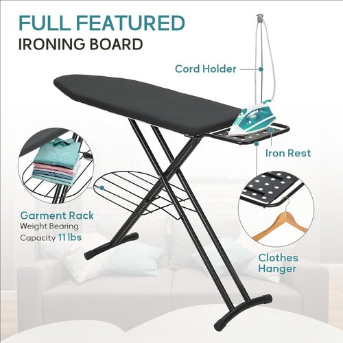 Ironing Board 48x15 in, RAINHOL Large Heavy Duty Ironing Boards Full Size with Pad and Cover, Height Adjustable Iron Stand with Storage Tray and Iron Rest, Black