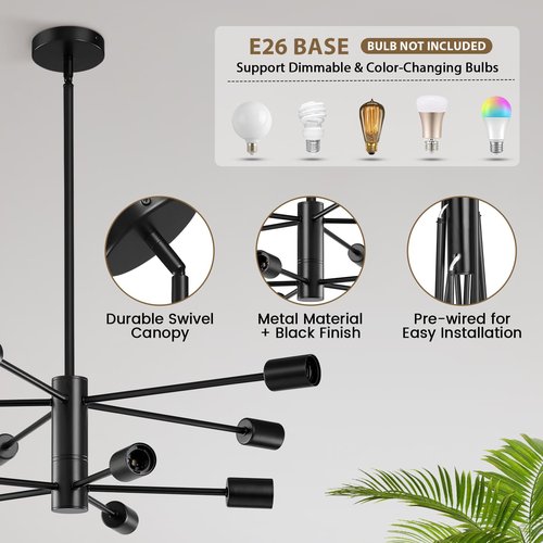 KAISITE Modern Chandelier Ceiling Light Fixture Sputnik Chandelier 10-Light Black Chandelier for Dining Room Over Table Height Adjustable Lighting Fixture Ceiling Hanging for Farmhouse Kitchen