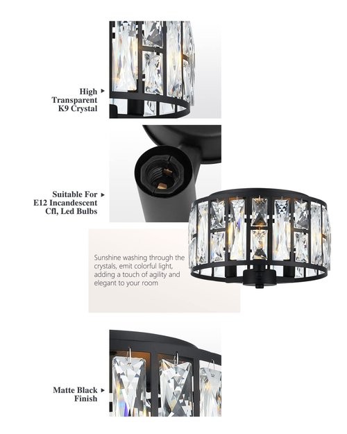 KLKLCH 3-Light Flush Mount Ceiling Light,12 Inch Black Crystal Light Fixture, Modern Chandelier Lighting Fixtures for Living Room,Dining Room, Bedroom, Hallway Entryway,Foyer. XDD005-3-BK-K1