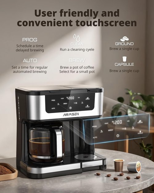 AIRMSEN 12-Cup Programmable Coffee Maker - Fast Brew Single Serve for K-Cup Pods & Ground, Touchscreen, 60oz Tank