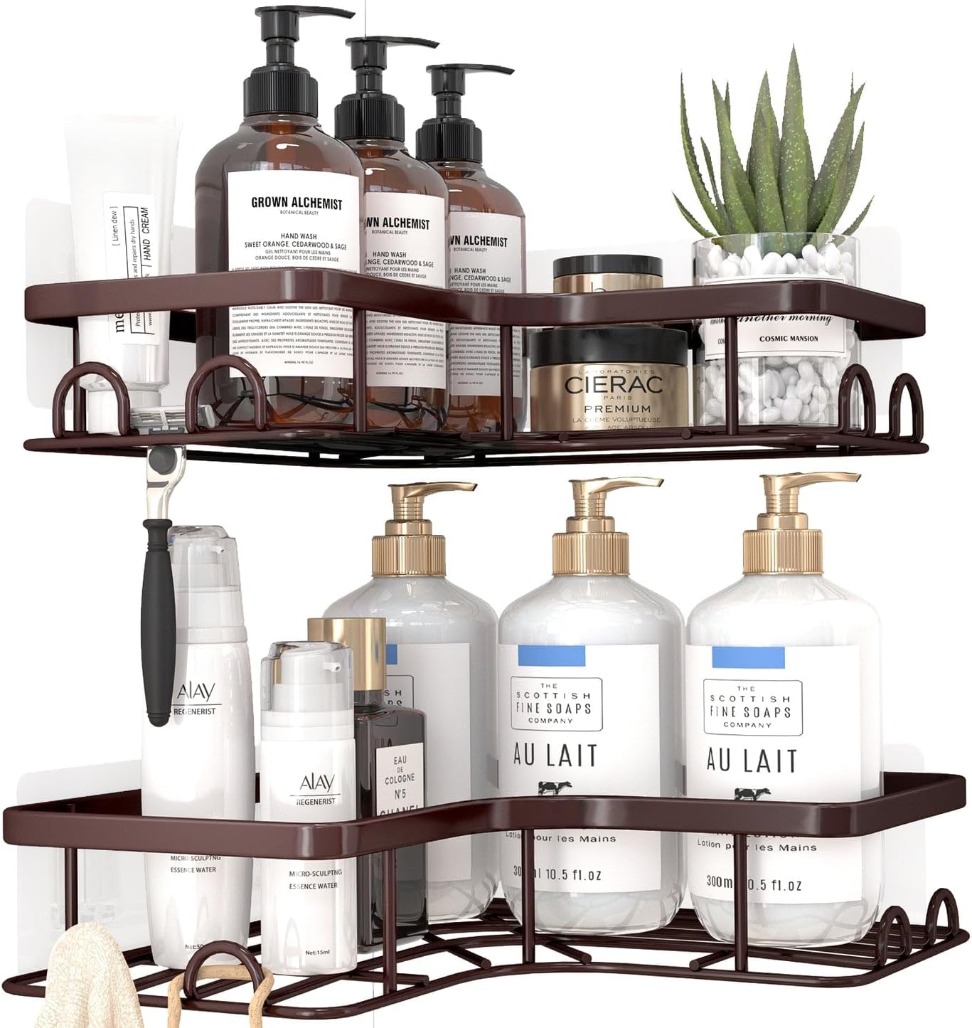 Sakugi Corner Shower Caddy - Rustproof Stainless Steel Organizers with 8 Hooks | No Drilling, Space-Saving, Brown, 2 Pack