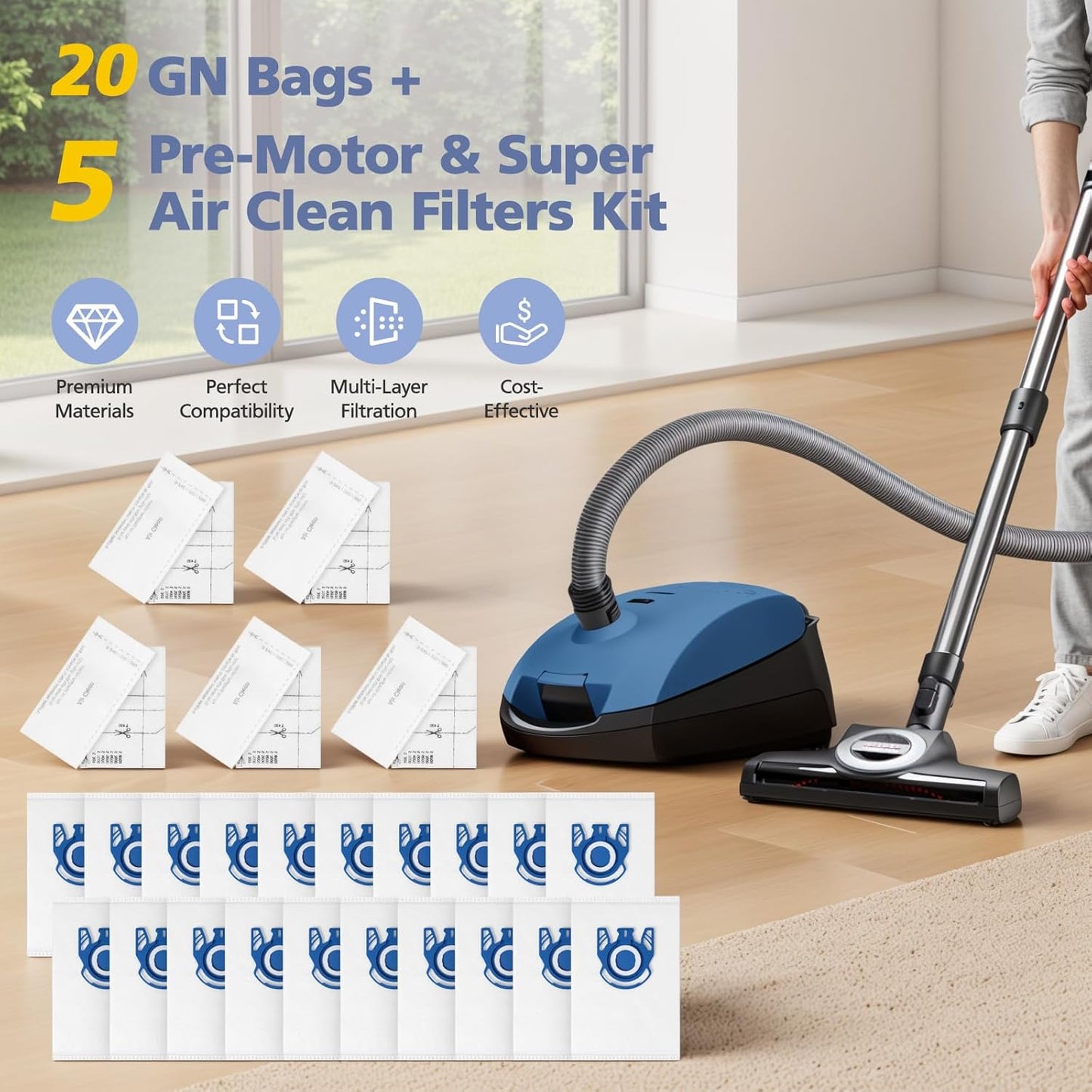 Miele 3D Airclean Vacuum Bags - 20 Pack Replacement for Classic C1, C2, C3, S2, S5, S8 Series