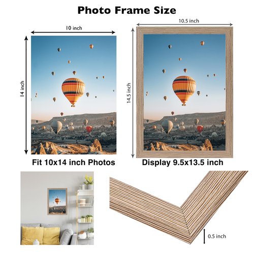 JCJMY 10x14 inch Picture Frame, Horizontal and Vertical Formats for Wall Hanging, 10 x 14 Wall Gallery Poster Photo Frame with Shatter Resistant Plexiglass, Rustic Brown