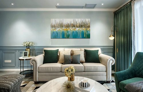 Ardemy Teal Abstract Cityscape Canvas Wall Art Modern Skyline Gold Textured Painting, Grey Buildings Large Size 48"x24" Picture Turquoise Artwork Framed for Living Room Bedroom Home Office Wall Decor