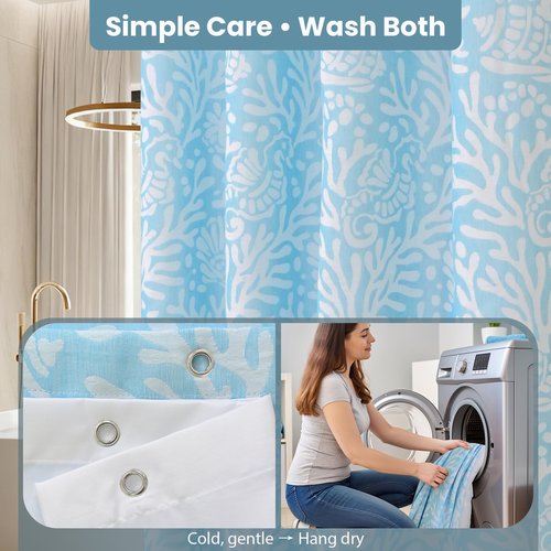 Drifted Root Coastal Loft Series Matelassé Jacquard Shower Curtain, Soft Touch, Metal Hooks, Detachable Liner & Weighted Magnets, Water-Repellent Bath Curtain (Ocean Mist Blue, 72"W x 84"L(Pack of 1))