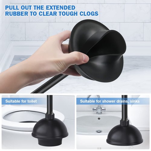 Toilet Plunger and Brush with Holder, Bowl Brush and Heavy Duty Toilet Plunger Set for 5.7-inch Toilet Drain, 2-in-1 Bathroom Cleaning Combo with Modern Caddy Stand (Black)