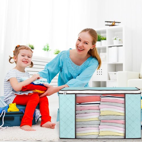 Budding Joy 90L Large Storage Bags - 4 Pack Foldable Closet Organizers for Clothes & Blankets (Blue)