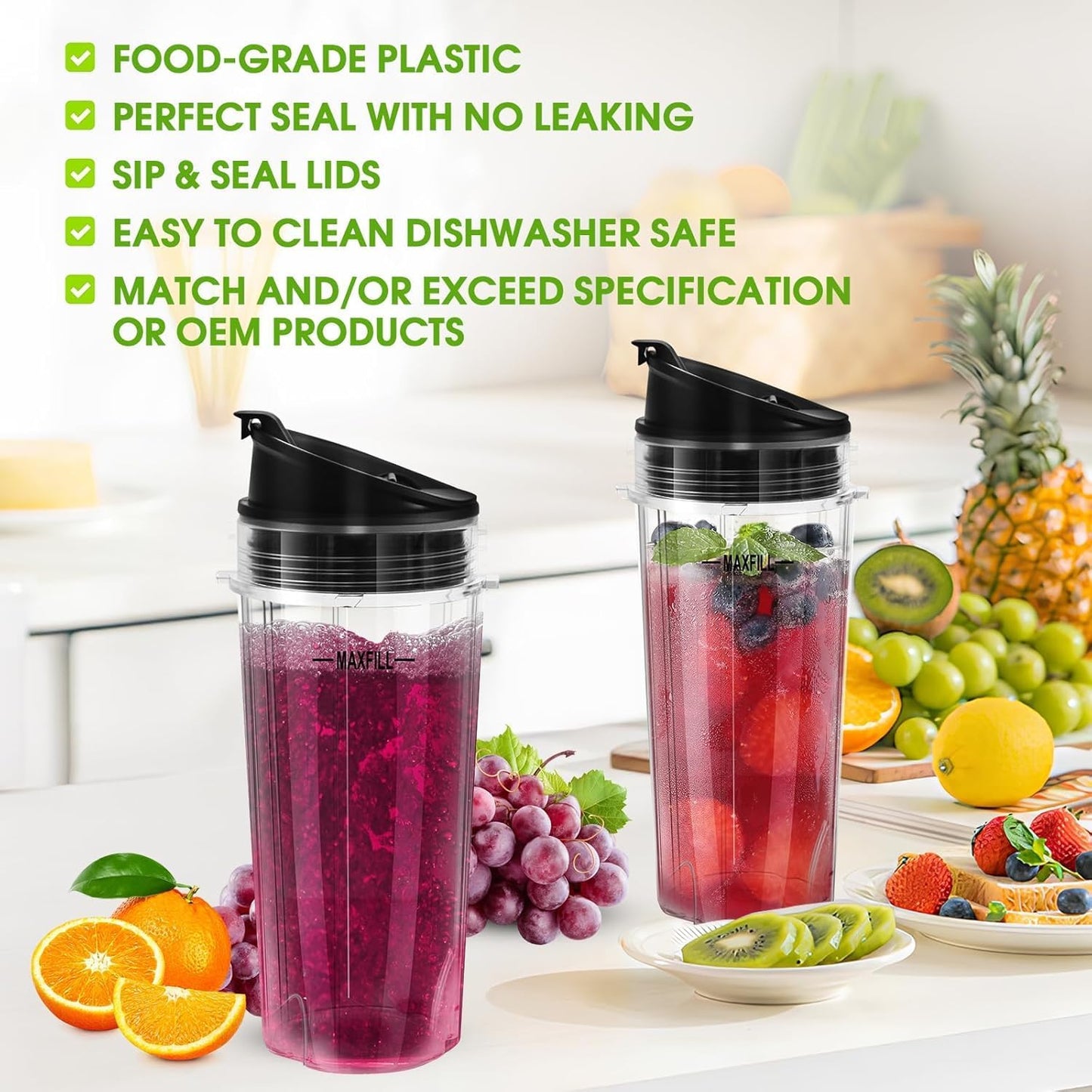 Ninja Blender Cups - 3 Pack 16oz Replacement Cups with Lids for Ninja QB3001SS & Nutri Ninja Series