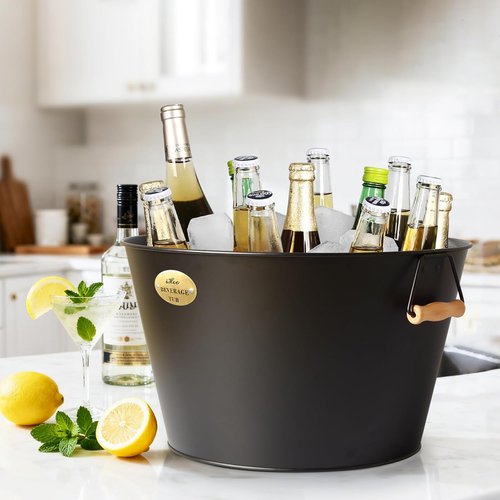 iHoo Large 5.5 Gallons Beverage Tubs for Parties, 21L Ice Bucket with Wooden Handles, Black Galvanized Tub, Ideal Party Tubs for Drinks