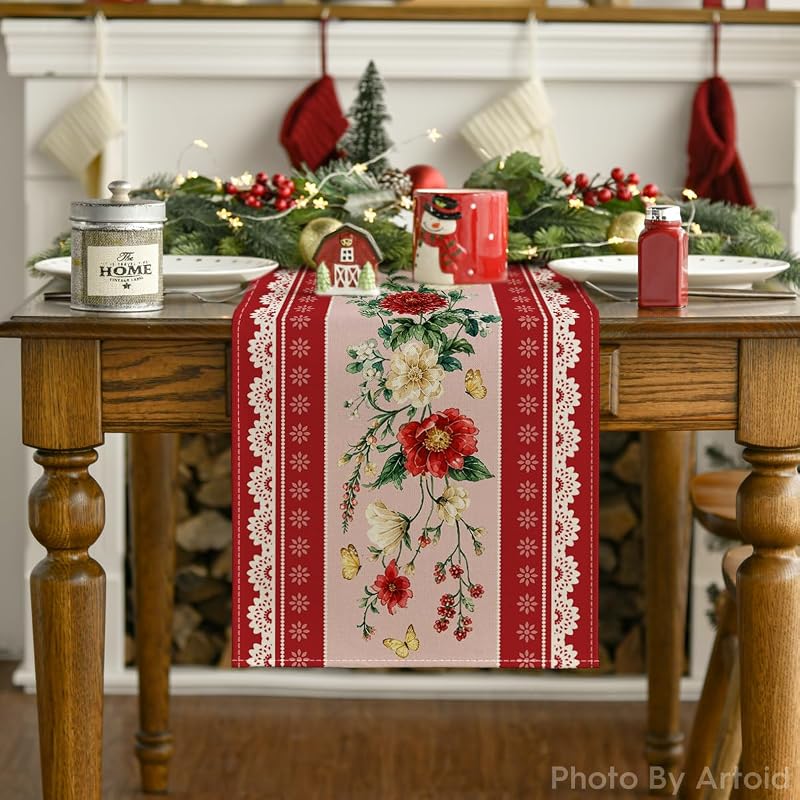 Artoid Mode Red 13x108 Inch Printed Lace Floral Table Runner