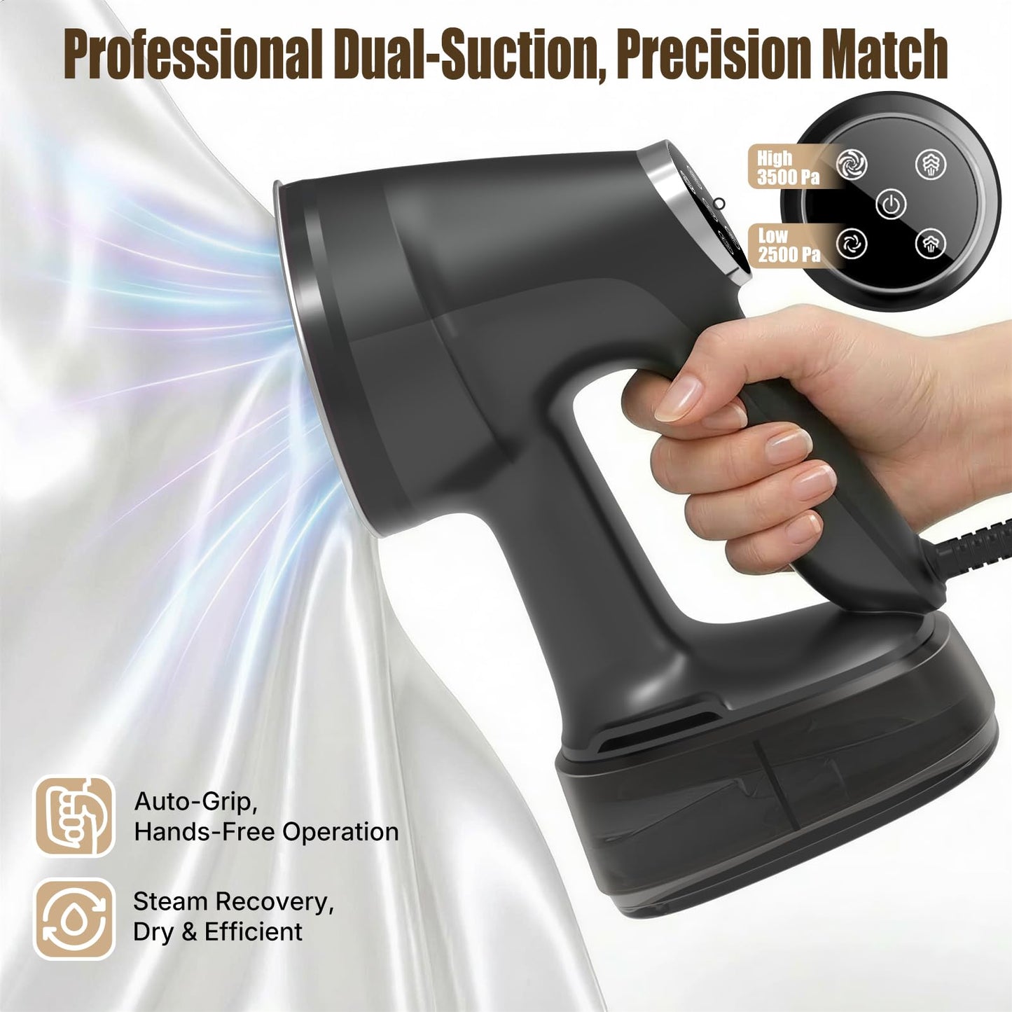 Vacuum Steamer for Clothes Handheld: 2500β3500Pa Adjustable Suction, No Leak & Stable Steam, Steaming & Ironing Portable Travel Garment Steamer, 400ml Tank, 4 Modes, 15s Heat-Up, 110-120V
