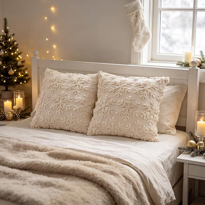 Beige Snowflake Christmas Pillow Covers 18x18 (2 Pack) - Visiontex