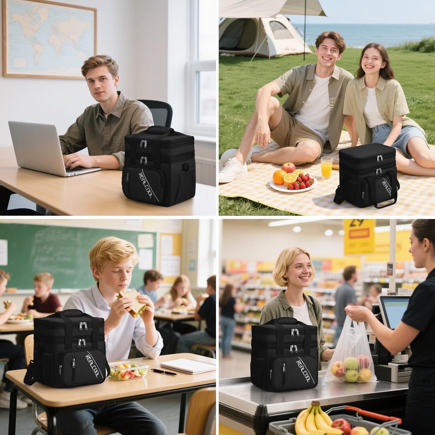 RealCool Insulated Lunch Bag - Double Deck Leakproof Soft Cooler for Work & Travel | Black